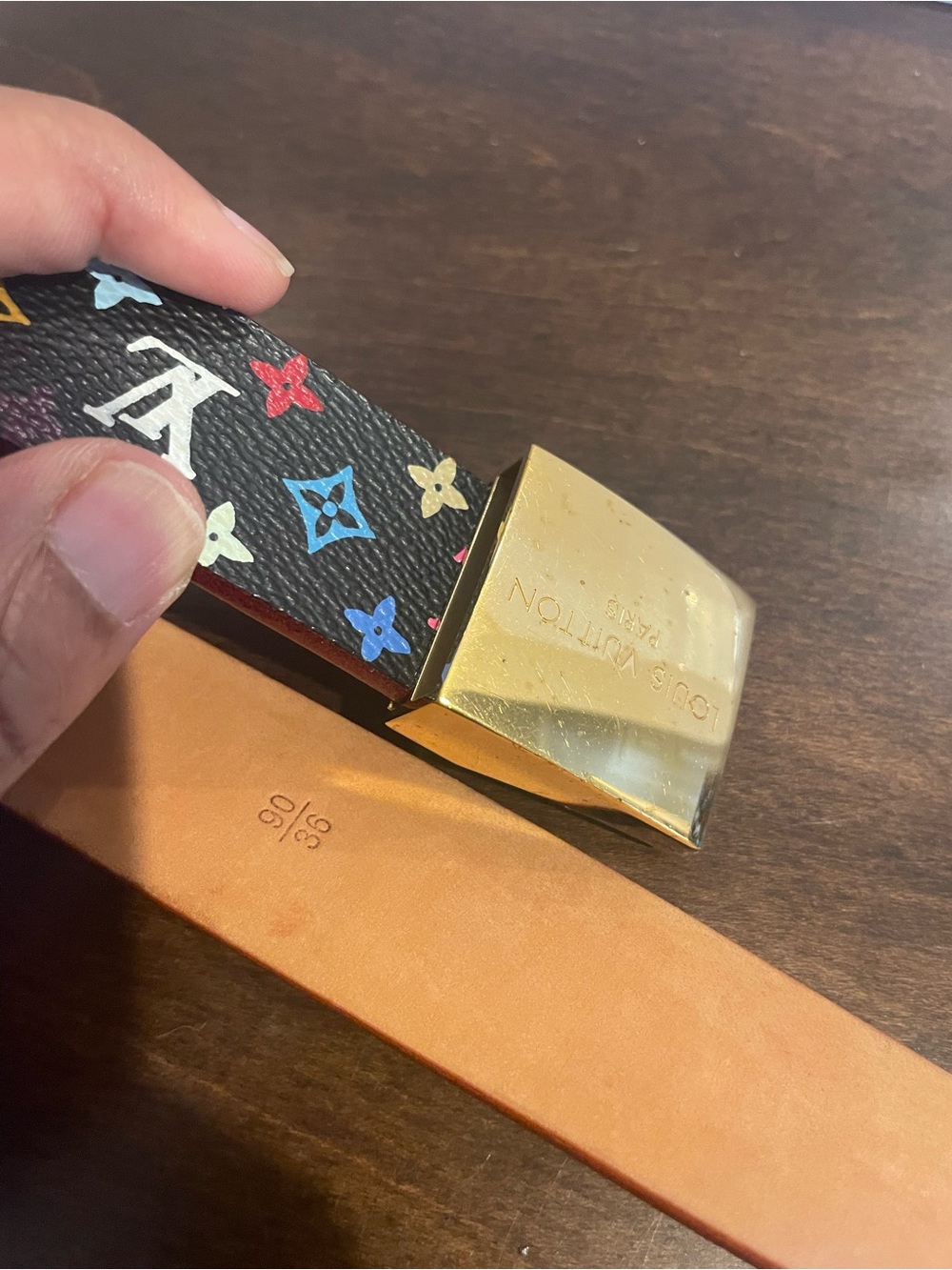 Louis Vuitton Multicolor Monogram Black Canvas Belt with Gold Buckle. Size 90/36 - Picture 8 of 10